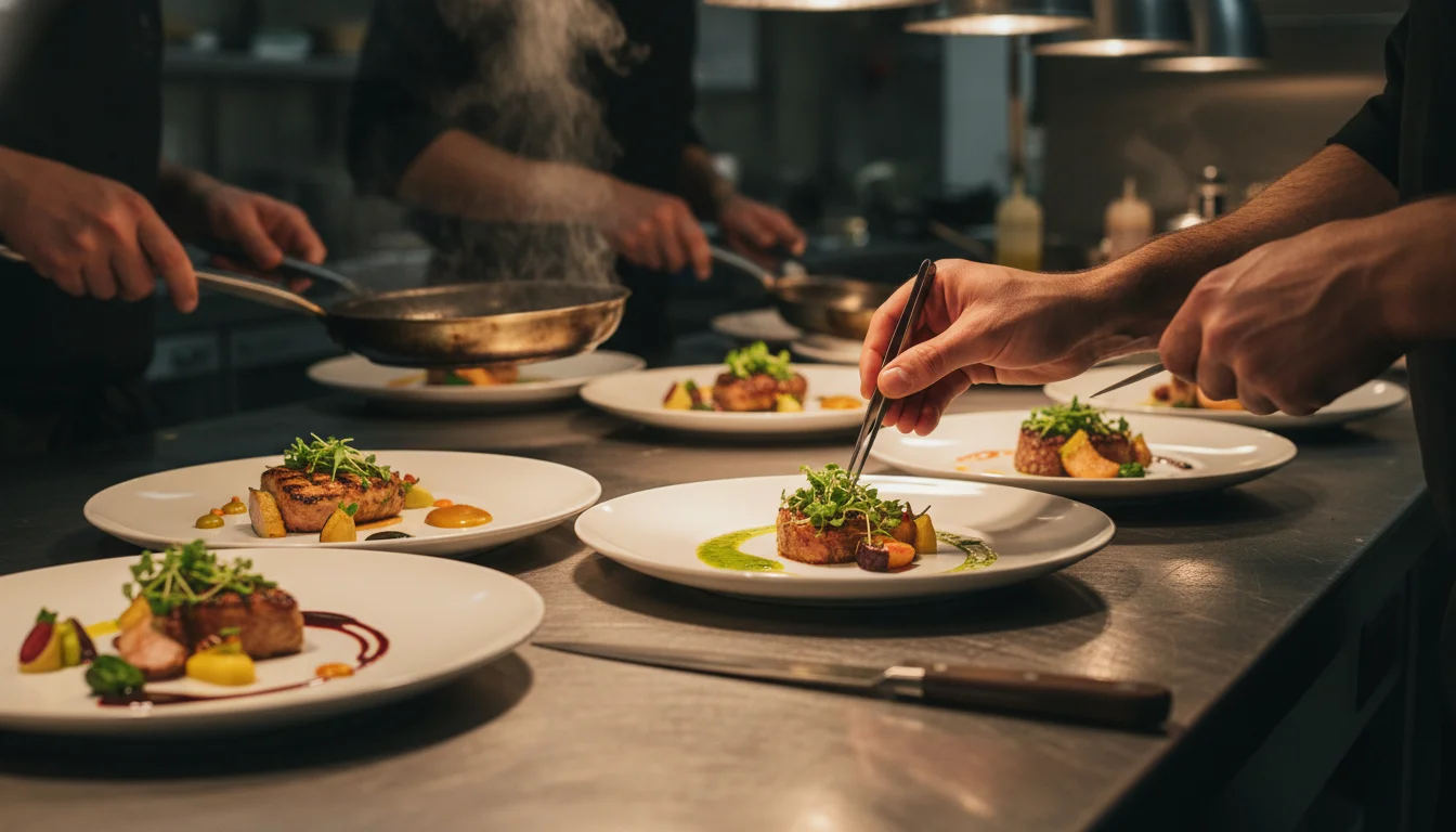 Chefs plating gourmet dishes in kitchen