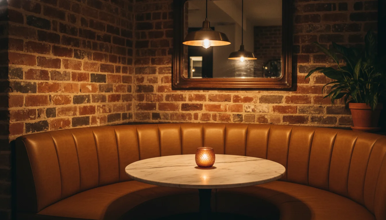 Cozy booth seating with brick wall
