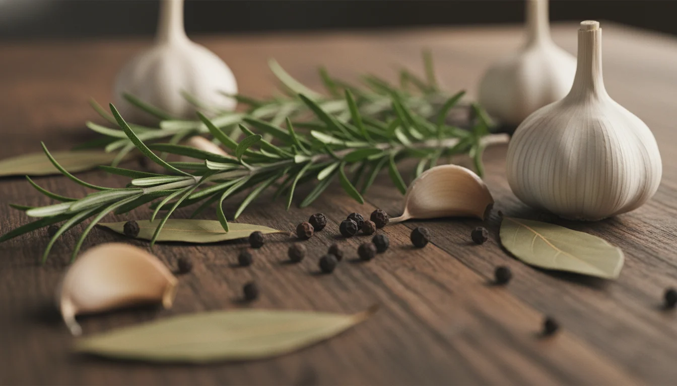 Fresh herbs, garlic, rosemary and peppercorns