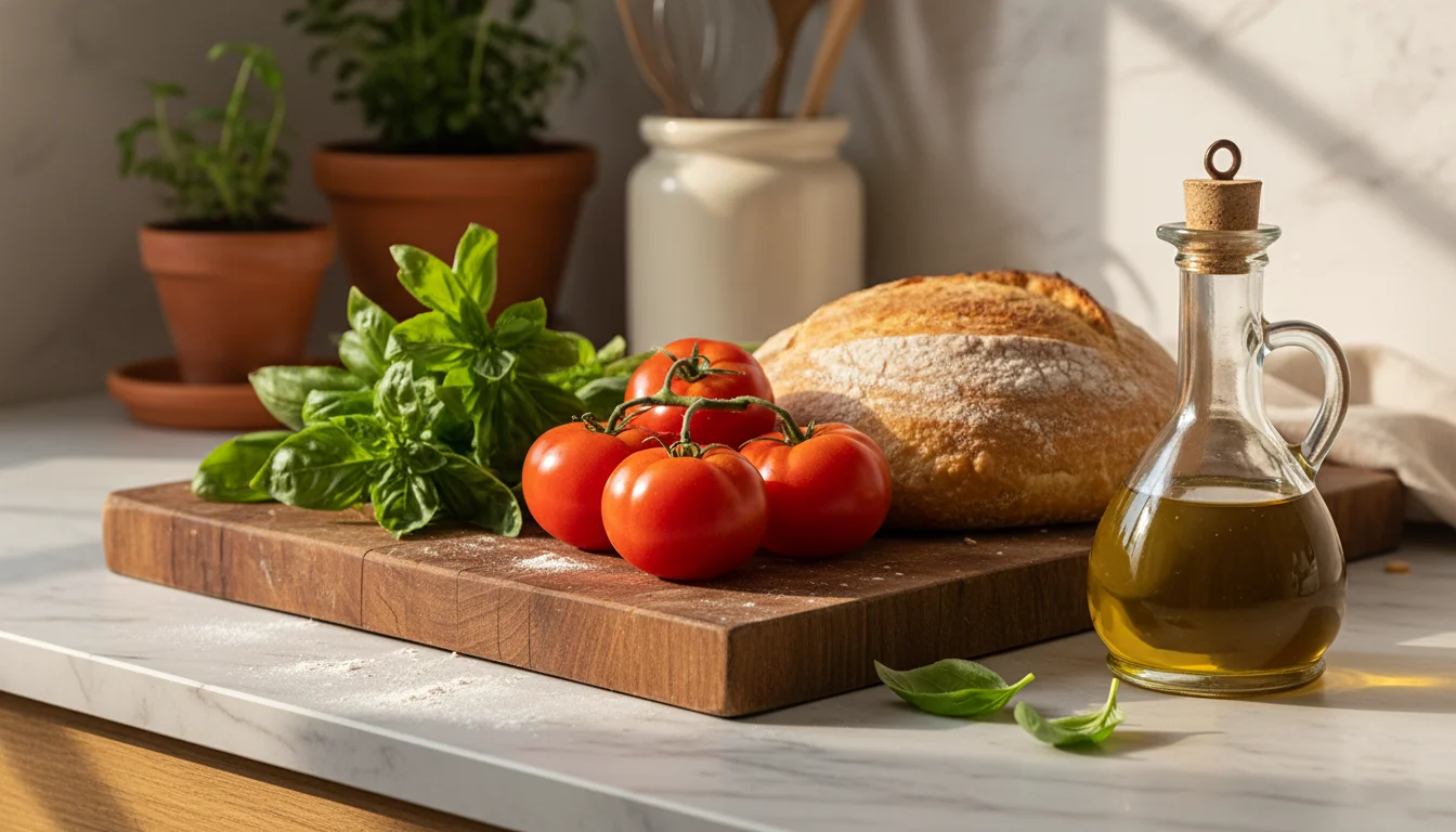 Fresh Italian ingredients - tomatoes, basil, olive oil