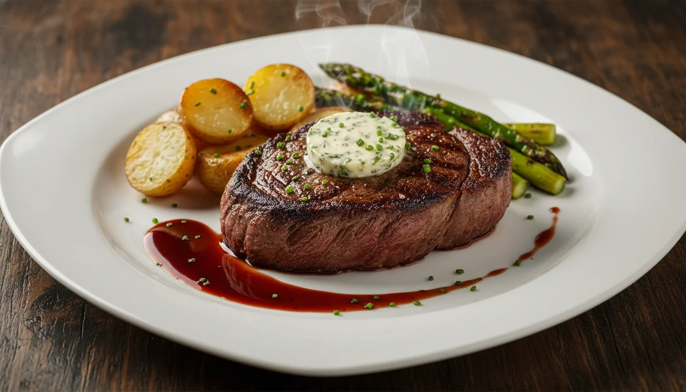 Grilled ribeye steak with herb butter