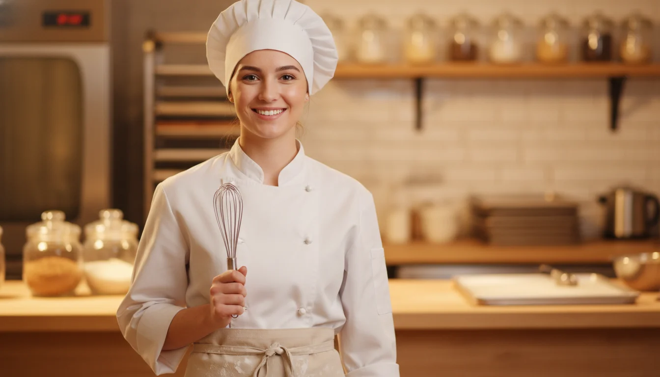 Pastry chef with whisk baking