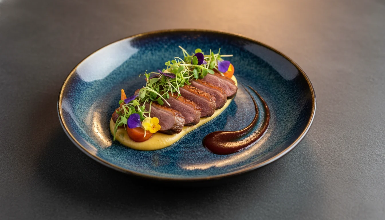 Seared duck breast with gourmet plating